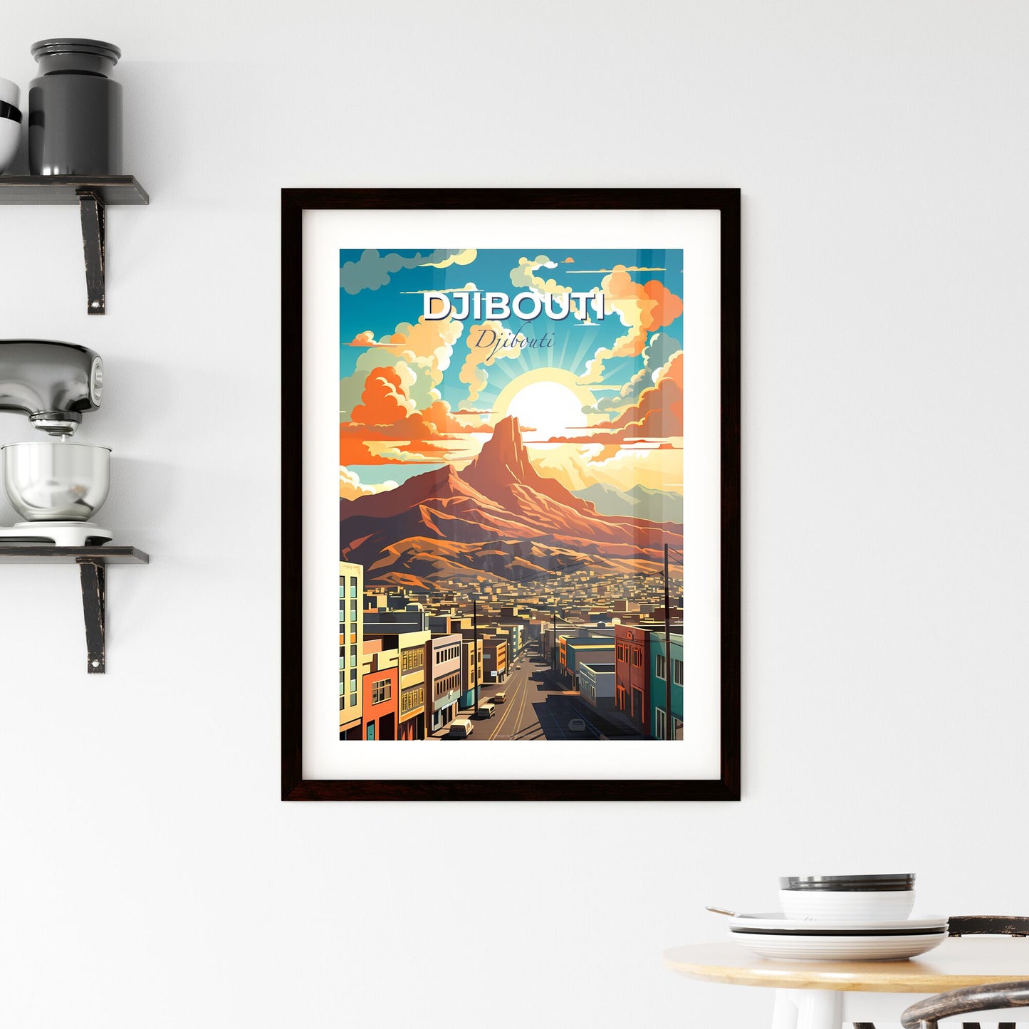 Vibrant Artistic Cityscape of Djibouti Skyline with Majestic Mountainbackdrop Painting Default Title