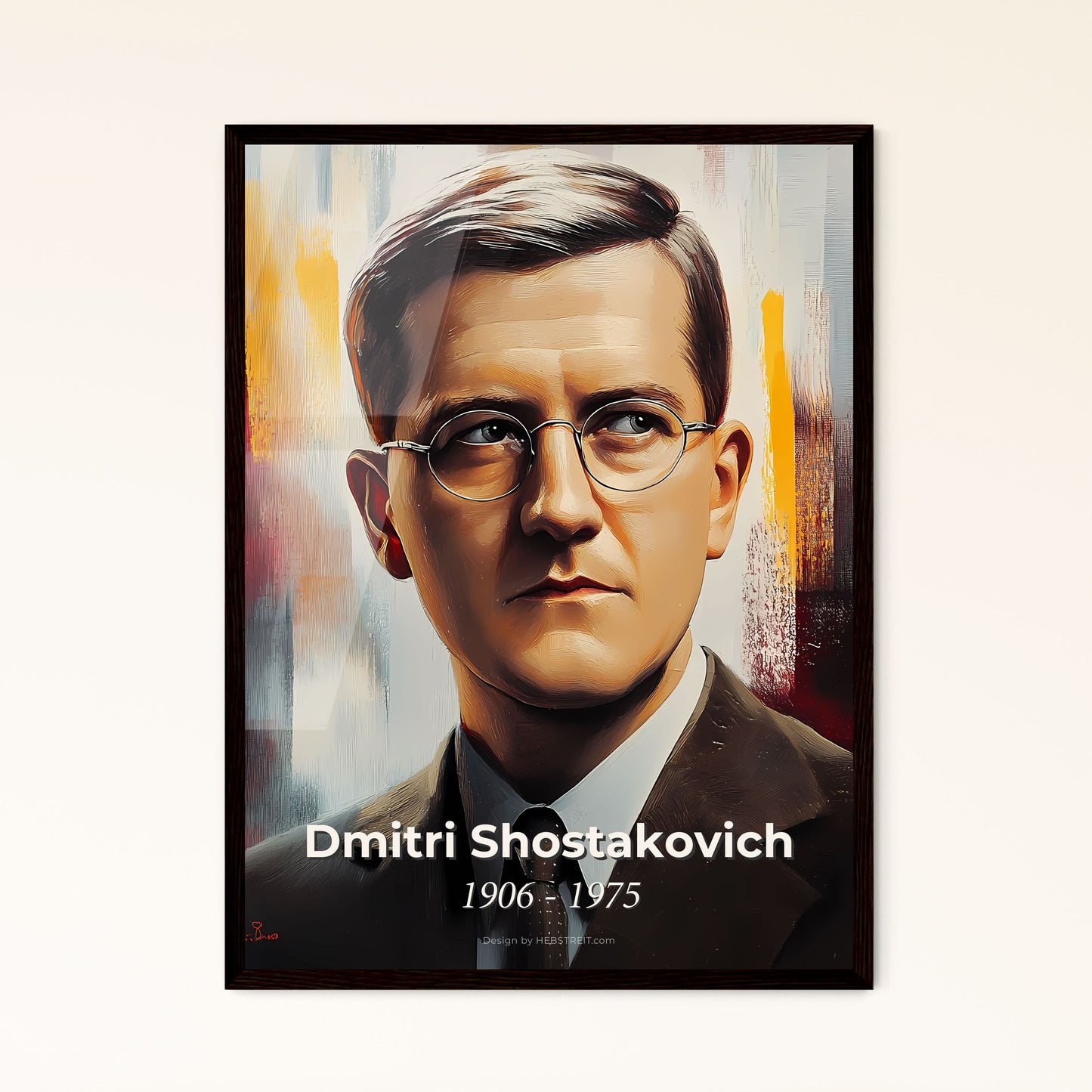 Portrait of Dmitri Shostakovich, 1906 - 1975. Impressionistic painting of a man in a suit and tie.