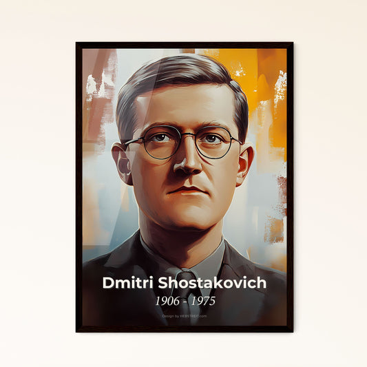 Portrait of Dmitri Shostakovich, 1906 - 1975. Impressionistic painting of a man wearing glasses and a suit.