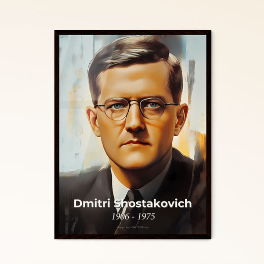 Portrait of Dmitri Shostakovich, 1906 - 1975. Impressionistic painting of a man wearing glasses and a suit.