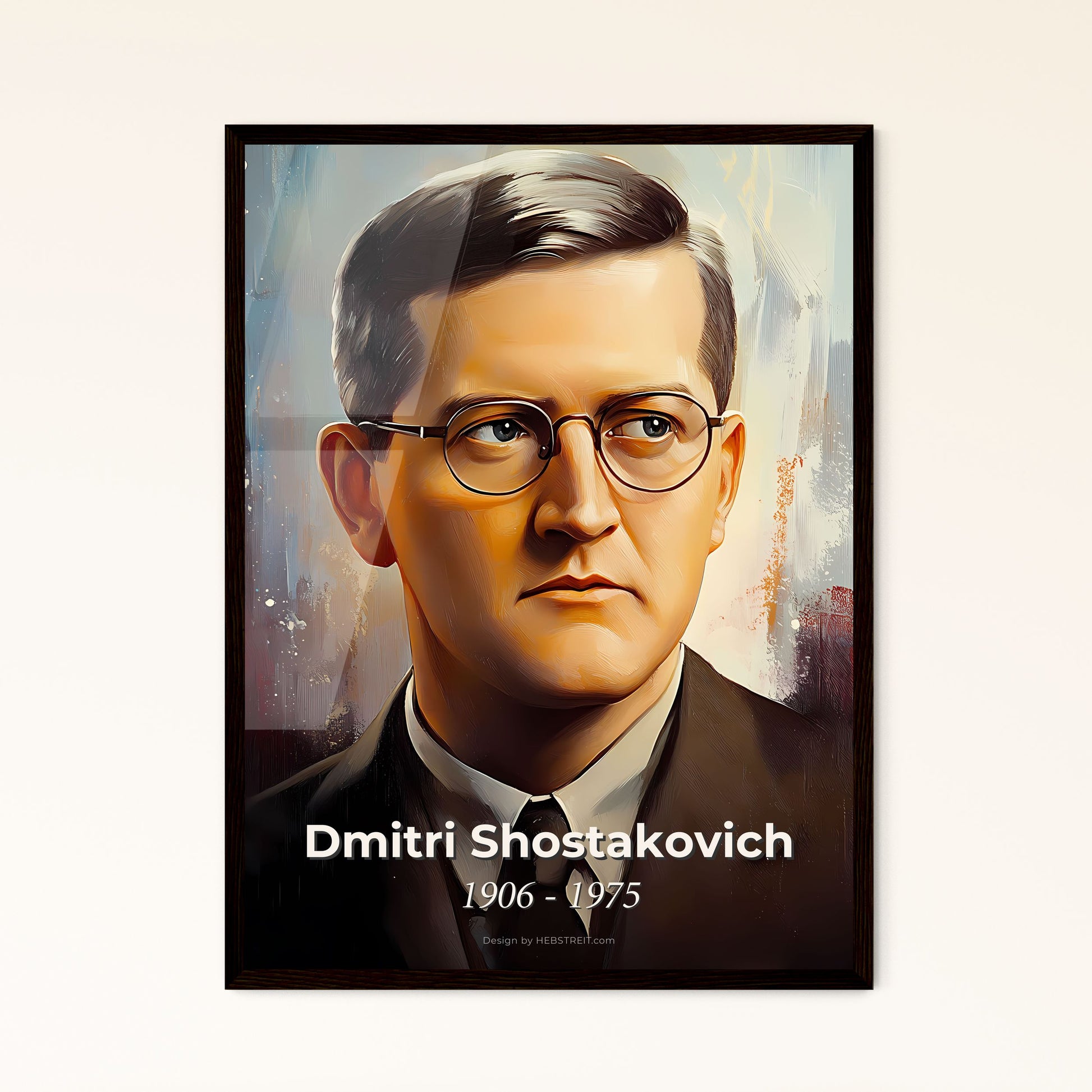 Portrait of Dmitri Shostakovich, 1906 - 1975. Impressionistic painting of a man wearing glasses and a suit.