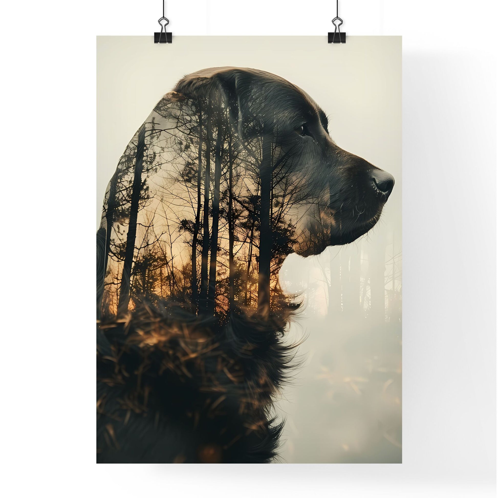 Artistic Dog Silhouette in Double Exposure Landscape, Vibrant Painting, Forest Mountains, Nature Art Default Title