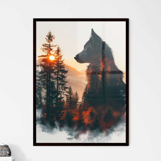 Vibrant Art Painting: Majestic Wolf Silhouette Amidst Ethereal Forest Mountains Default Title