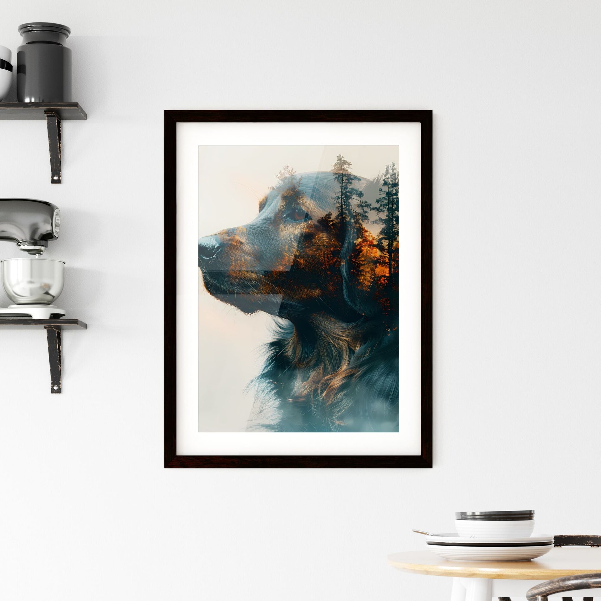 Artistic Double Exposure: Dog Silhouette Merged with Majestic Forest Mountains Default Title
