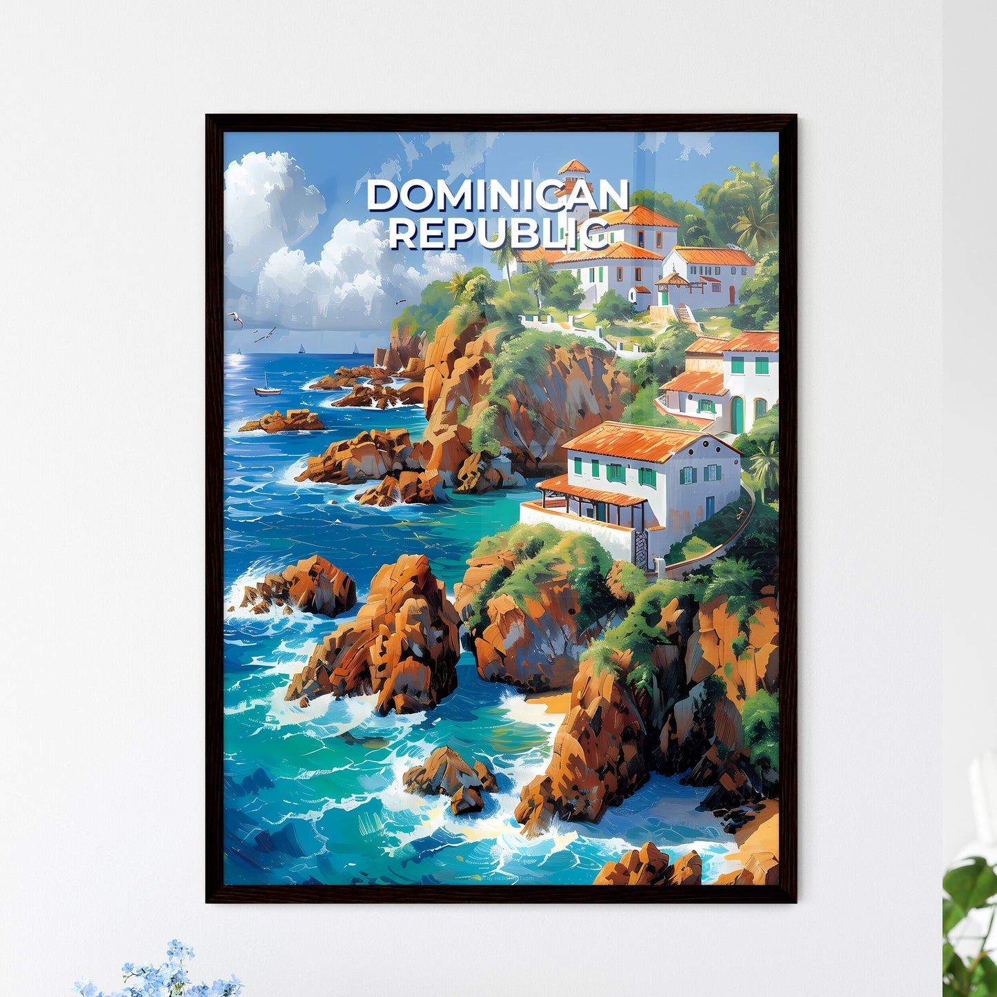 Vibrant Painting, Rocky Cliff, Ocean, Dominican Republic, North America, House Framed Art