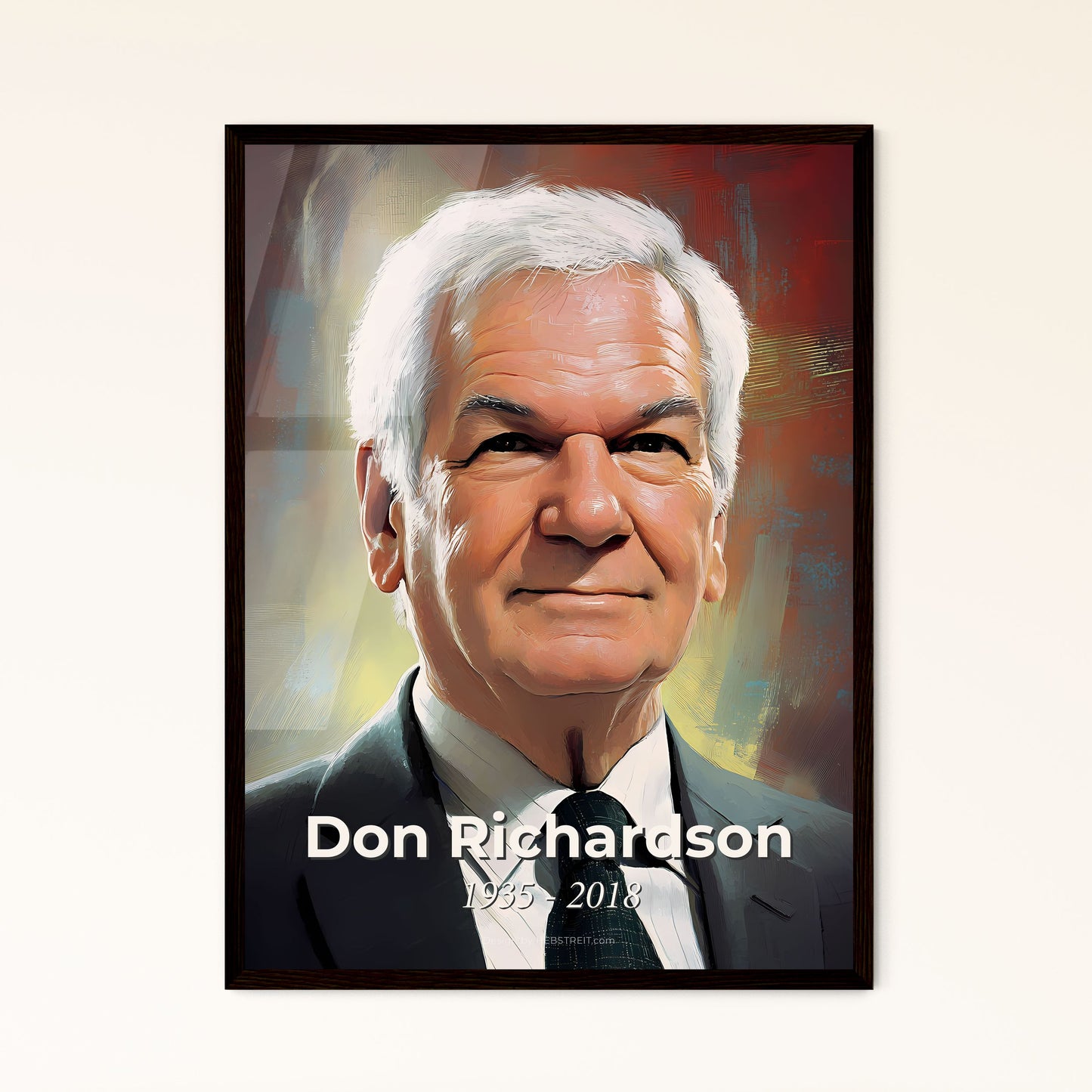 Portrait of Don Richardson, 1935 - 2018. Impressionistic painting of a man in a suit and tie.