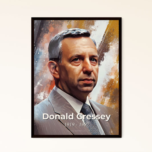 Portrait of Donald Cressey, 1919 - 1987. Impressionistic painting of a man in a suit.