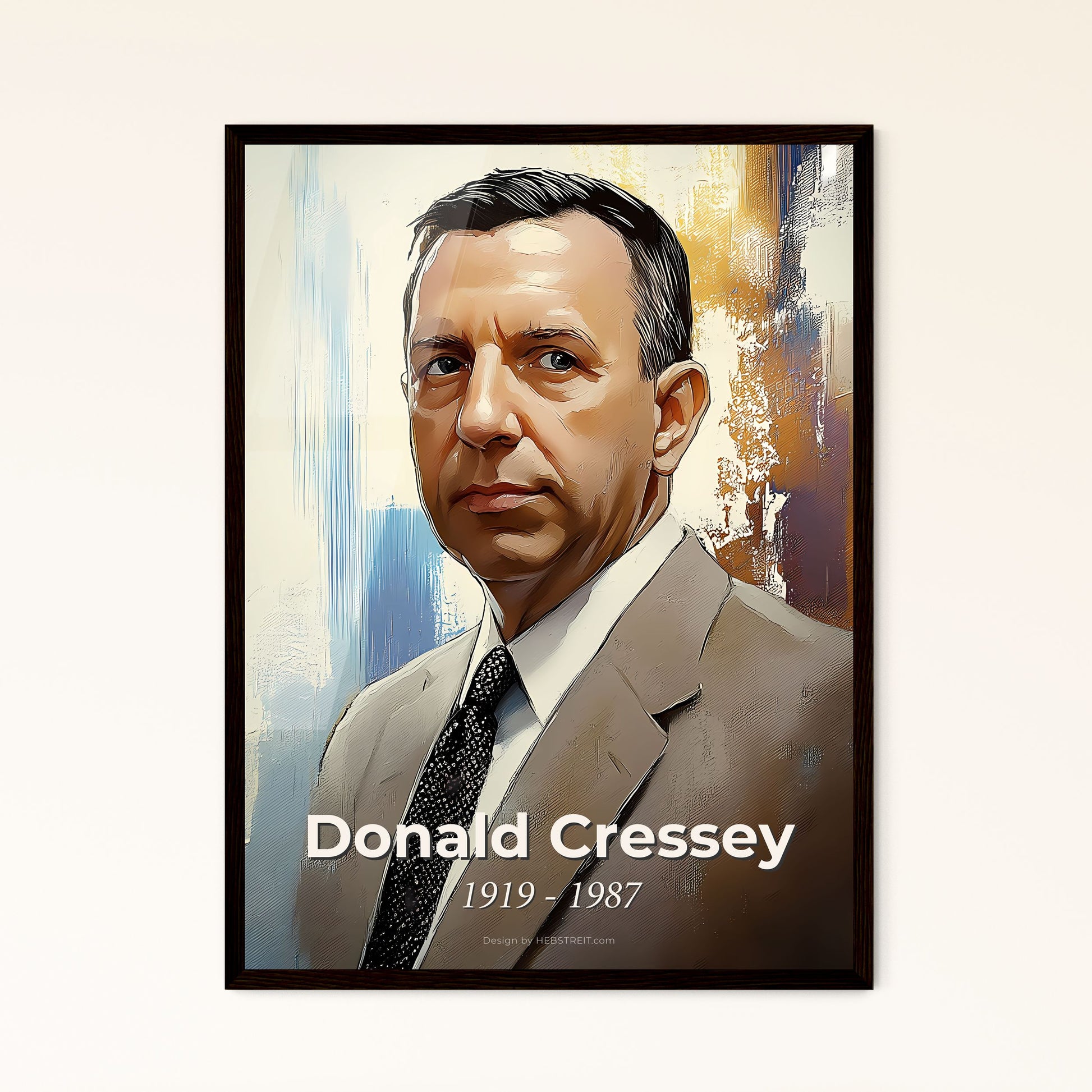 Portrait of Donald Cressey, 1919 - 1987. Impressionistic painting of a man in a suit and tie.