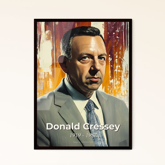 Portrait of Donald Cressey, 1919 - 1987. Impressionistic painting of a man in a suit.