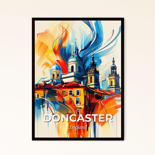 Vibrant Doncaster, England - A Painting Of A Building With Towers And A Colorful Background