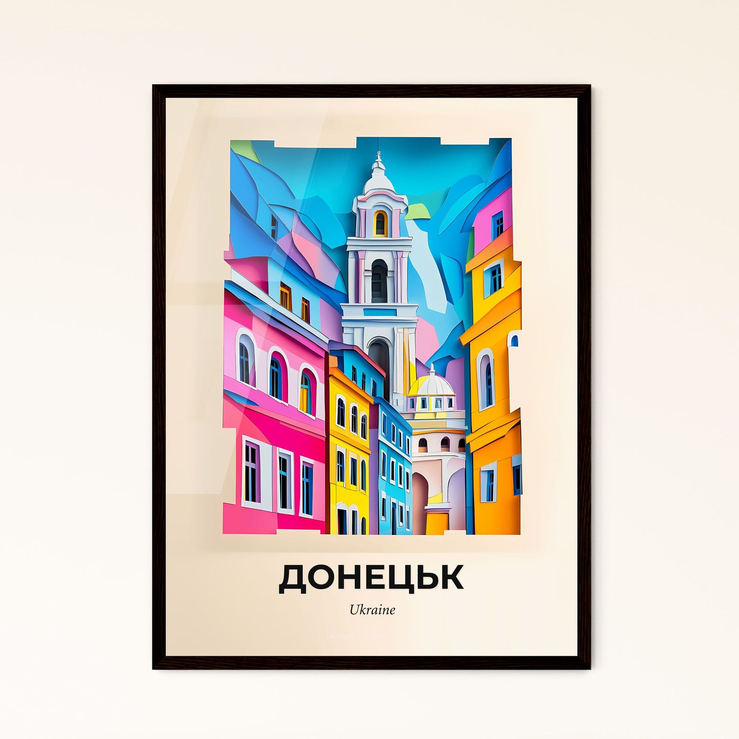 Vivid Donetsk, Ukraine - a painting of a church tower in a city