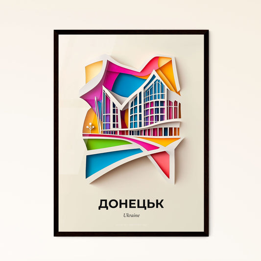 Vivid Donetsk, Ukraine - a paper cut of a building with a rainbow background