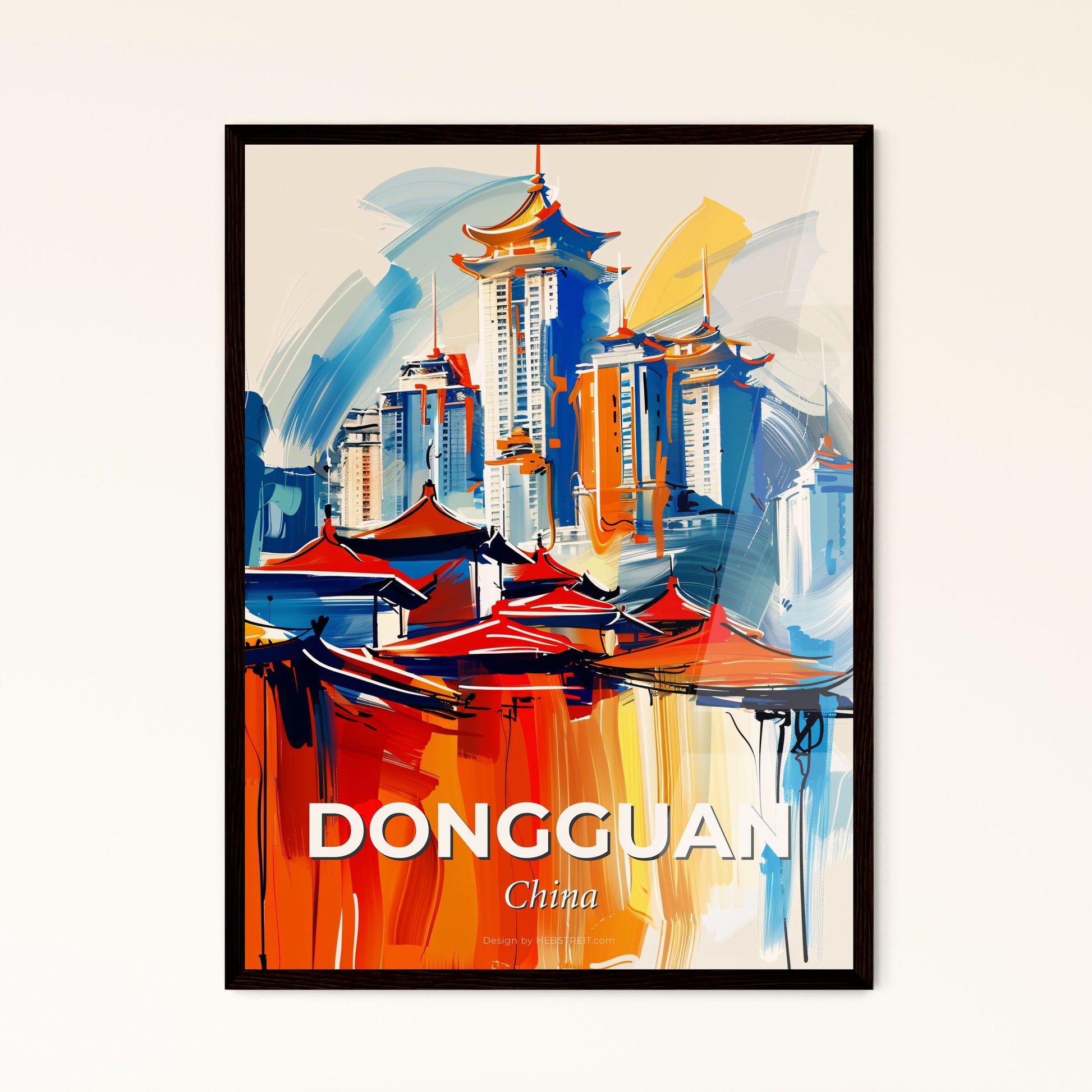 Vibrant Dongguan, China - A Painting Of Buildings And Roofs