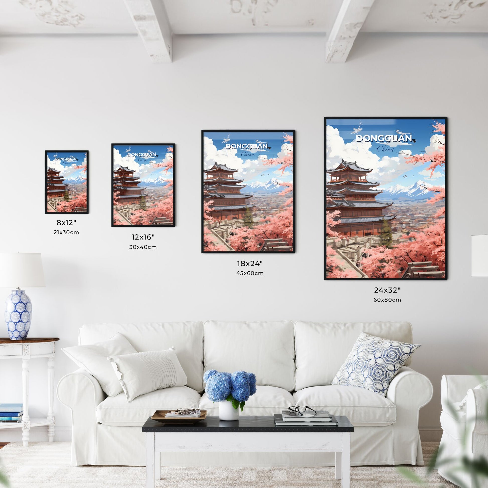 Pink Blooms on Dongguan City Skyline with Tower - Artistic Cityscape Painting Default Title