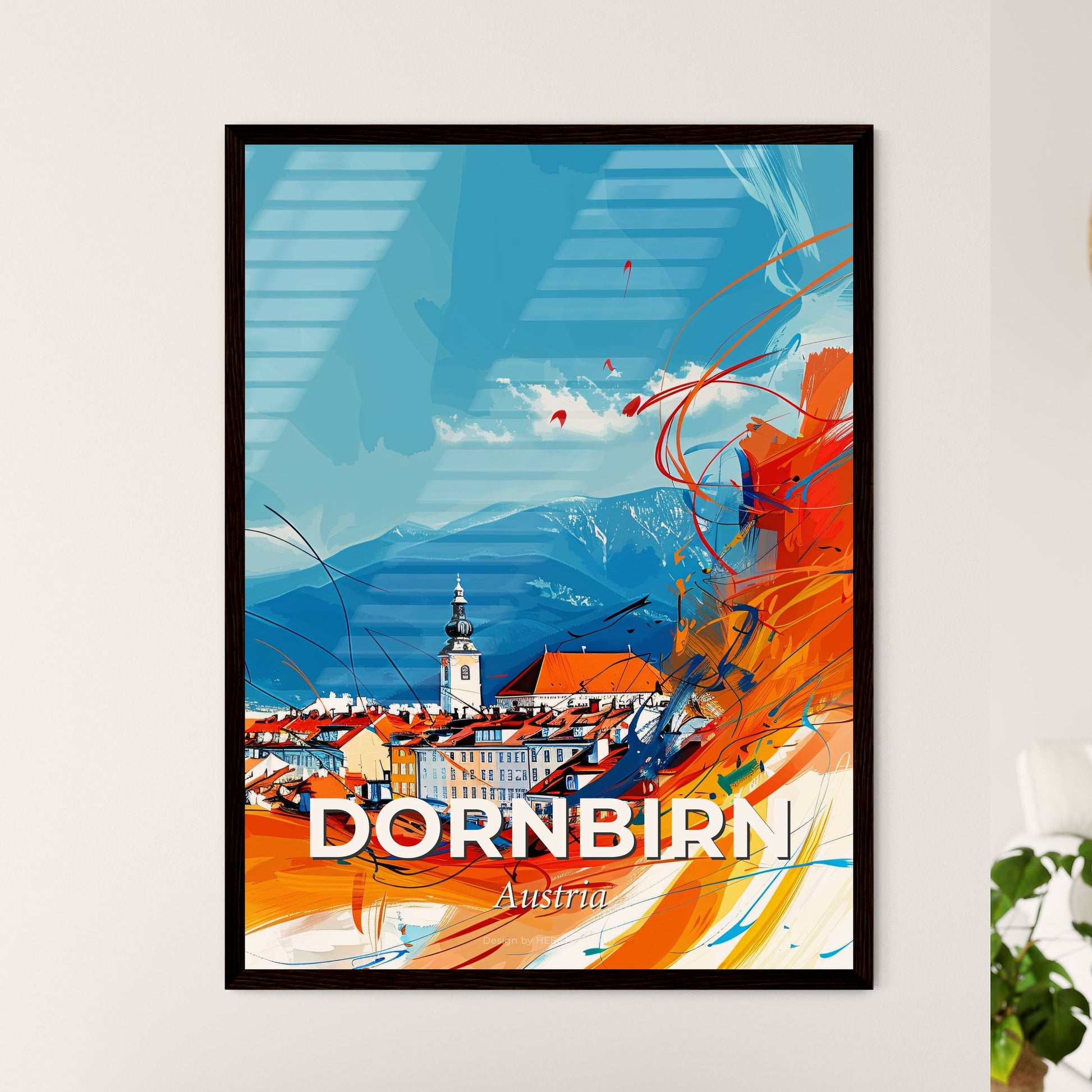 Vibrant Dornbirn, Austria - A Painting Of A Town With A Mountain In The Background