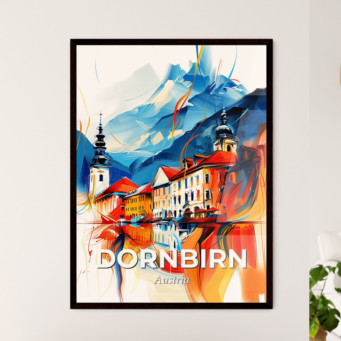 Vibrant Dornbirn, Austria - A Painting Of Buildings And Mountains