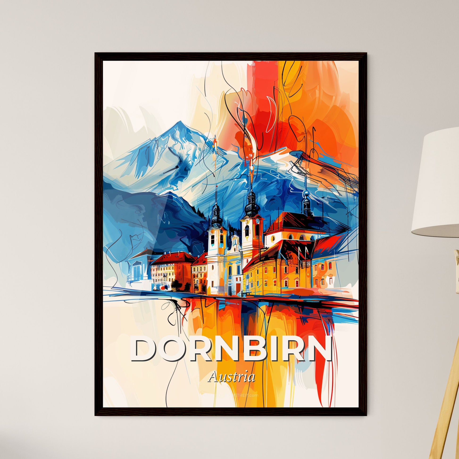 Vibrant Dornbirn, Austria - A Painting Of A Town With A Mountain In The Background