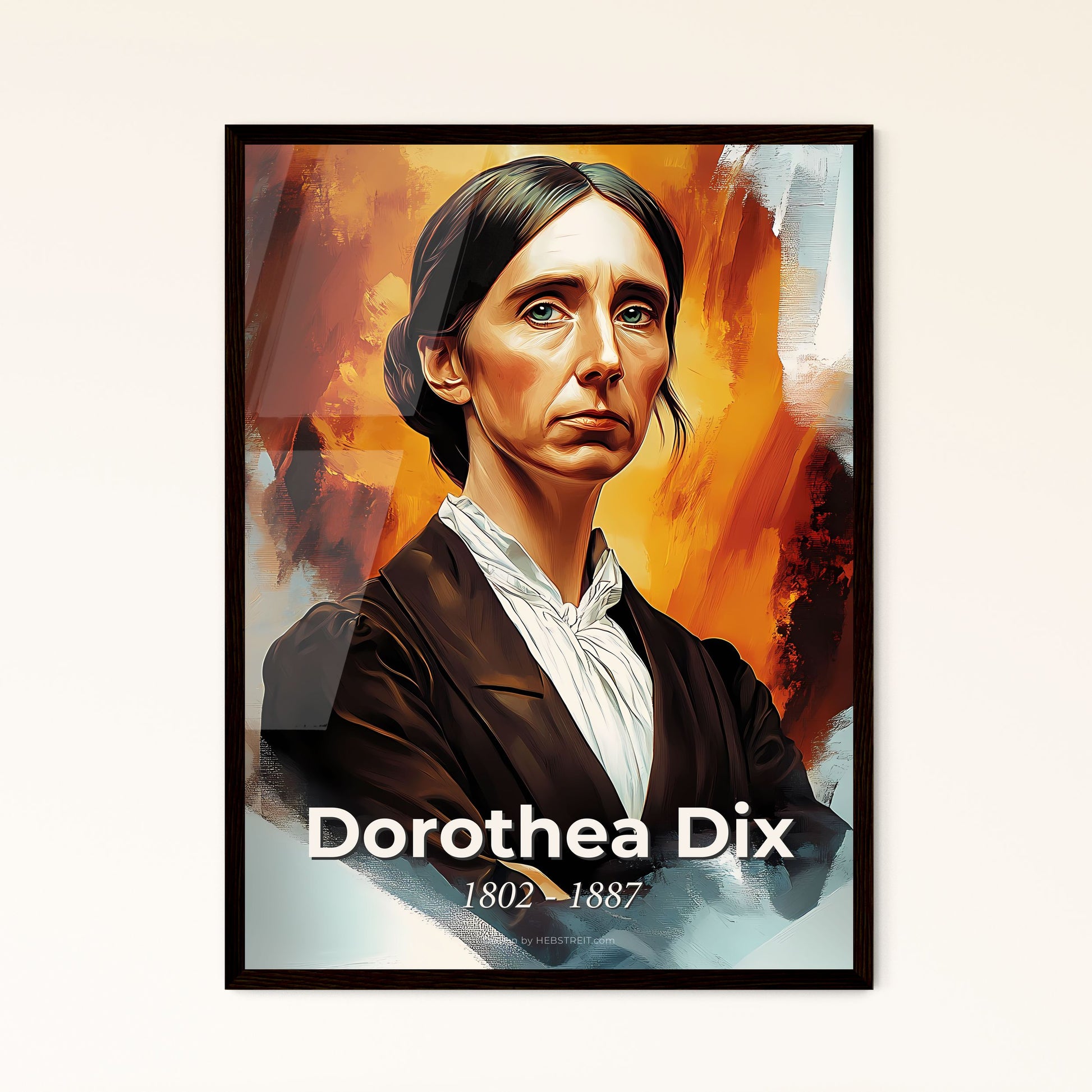 Portrait of Dorothea Dix, 1802 - 1887. Impressionistic painting of a woman with her arms crossed.