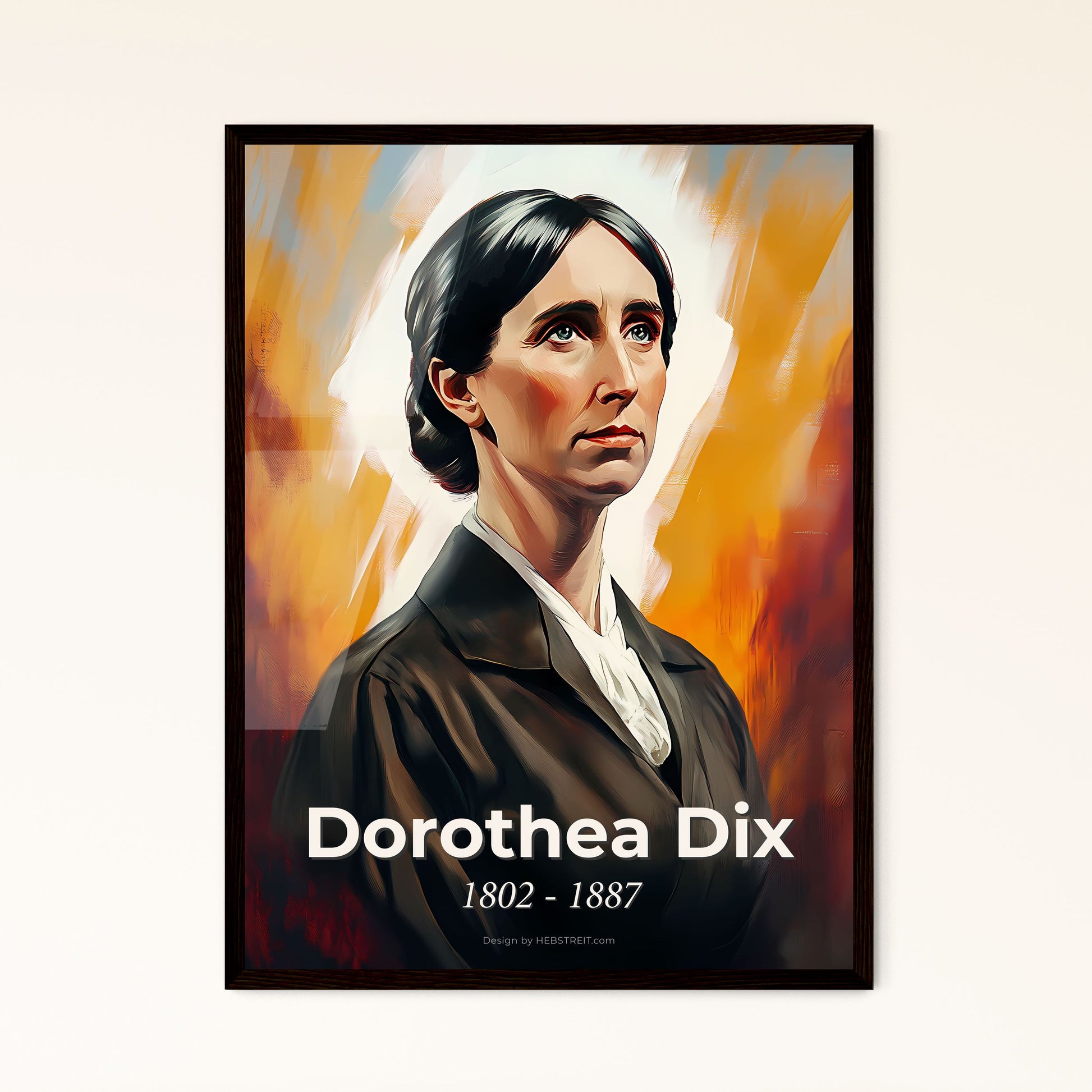 Portrait of Dorothea Dix, 1802 - 1887. Impressionistic painting of a woman in a black suit.