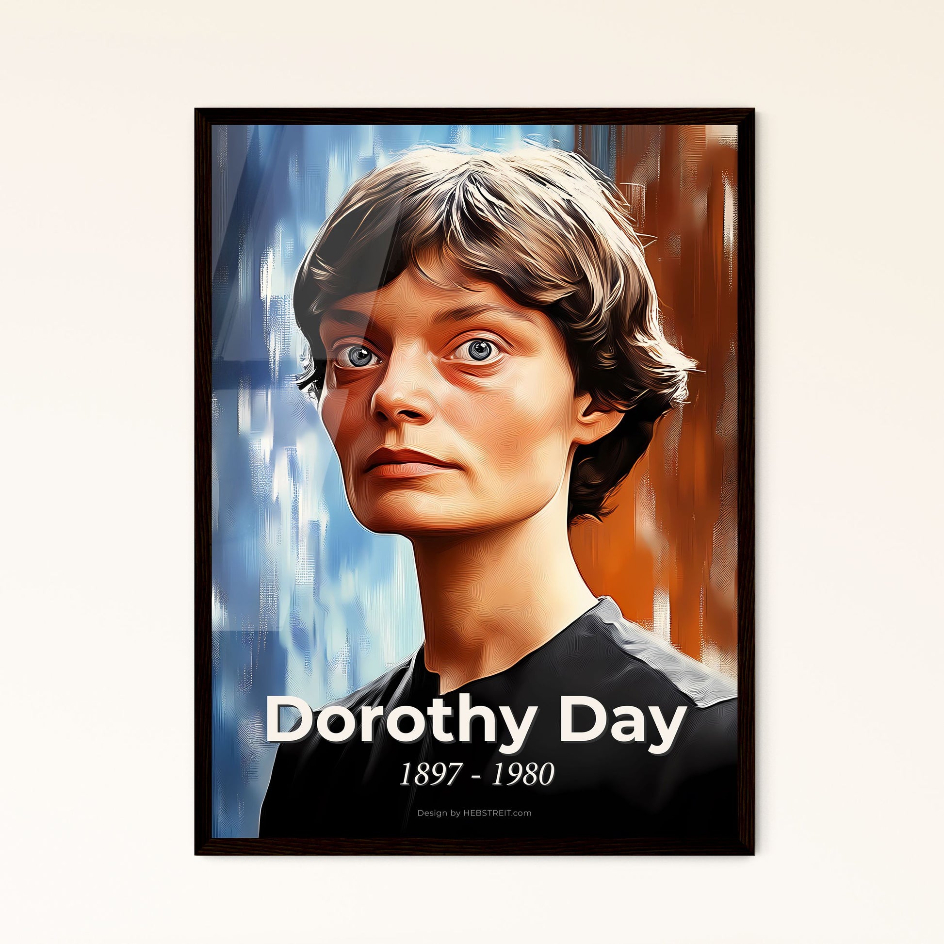 Portrait of Dorothy Day, 1897 - 1980. Impressionistic painting of a woman with short hair wearing a black shirt.