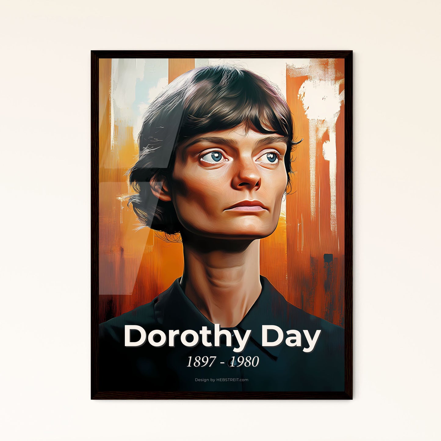 Portrait of Dorothy Day, 1897 - 1980. Impressionistic painting of a woman with short brown hair wearing a black shirt.