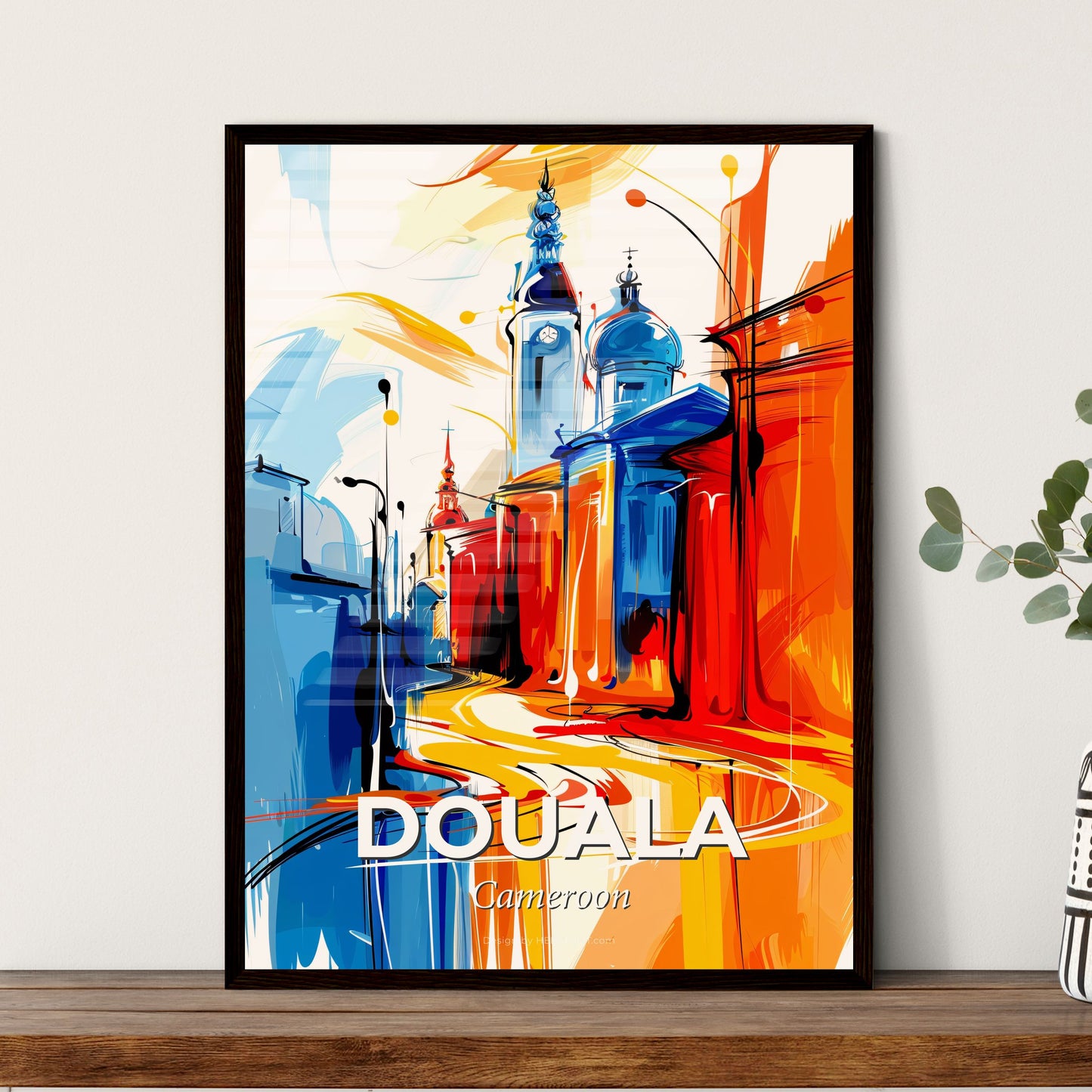 Vibrant Douala, Cameroon - A Colorful Painting Of A Street With Buildings And A Tower