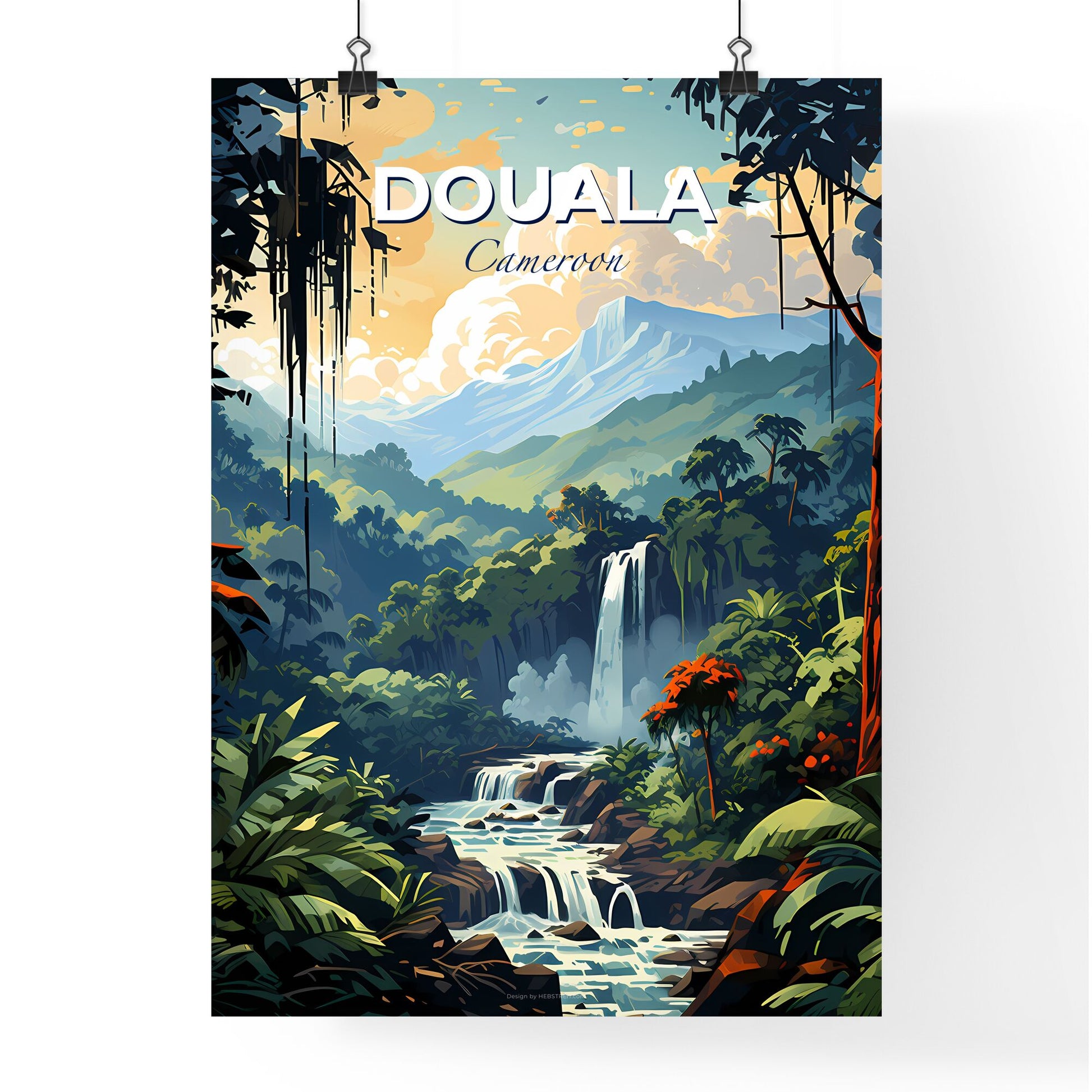 Vibrant Douala Cameroon City Skyline Painting with Waterfall in Serene Forest Default Title