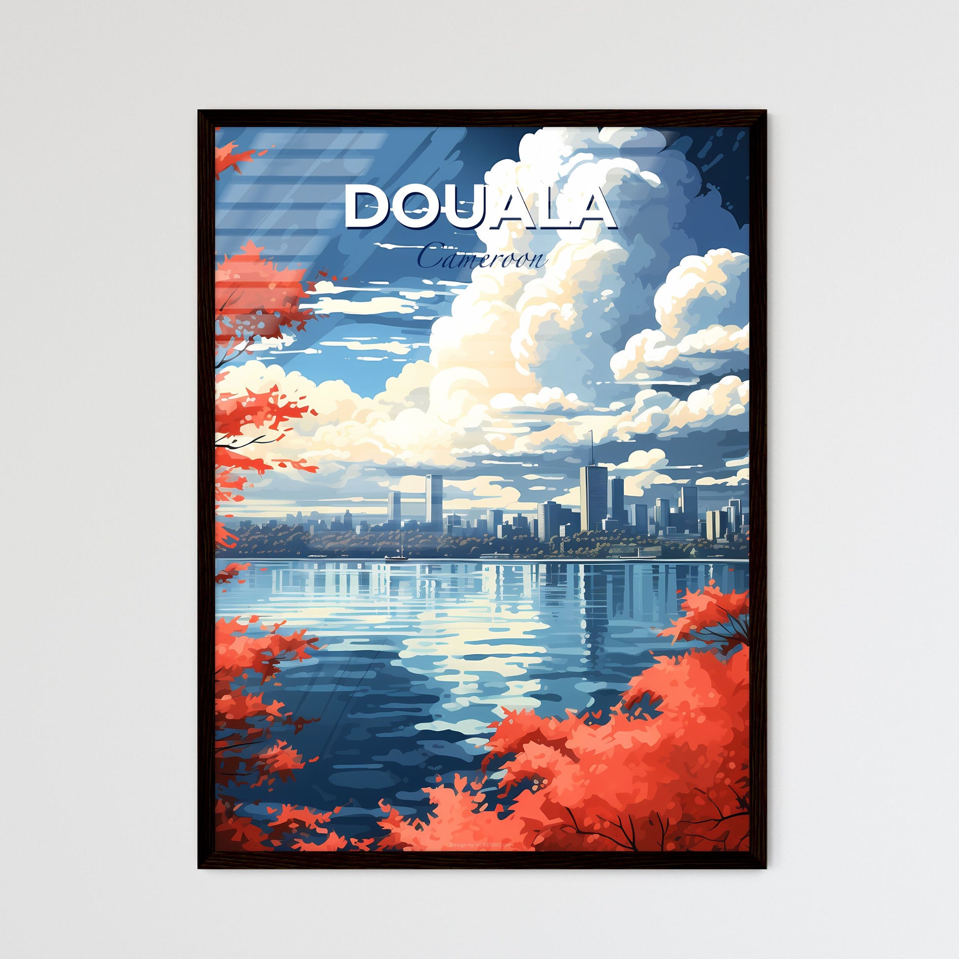 Douala Cameroon City Skyline Red Leaves Water Art Painting Vibrant Artwork Architecture Travel Tourism Default Title