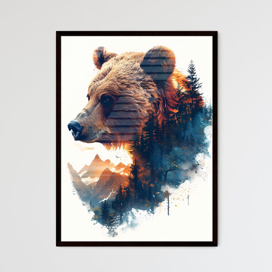 Expressive Double Exposure Landscape Painting: Majestic Brown Bear, Forest, Mountains, Vibrant Colors, Art Default Title