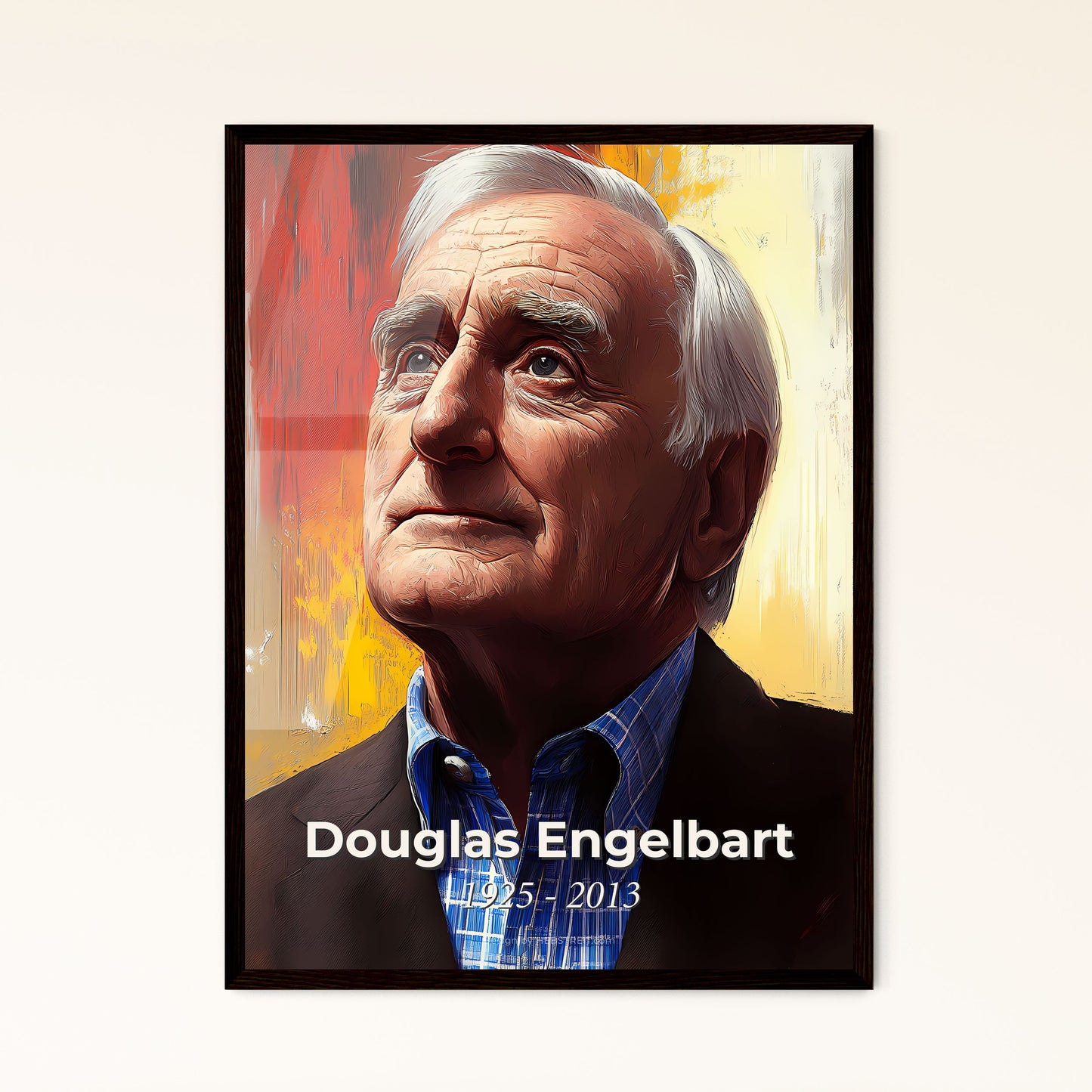 Portrait of Douglas Engelbart, 1925 - 2013. Impressionistic painting of a man looking up to the side.