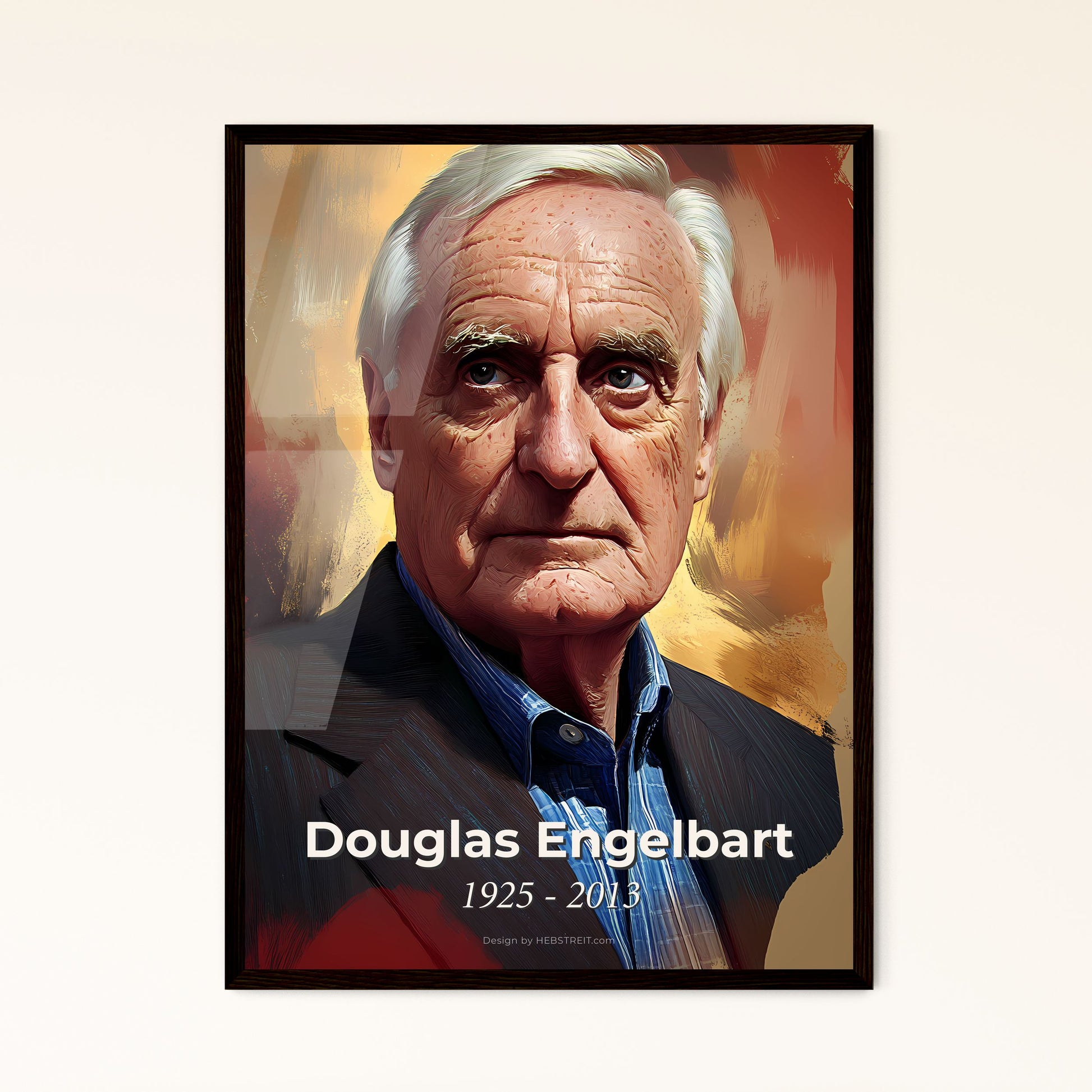 Portrait of Douglas Engelbart, 1925 - 2013. Impressionistic painting of a man in a suit.