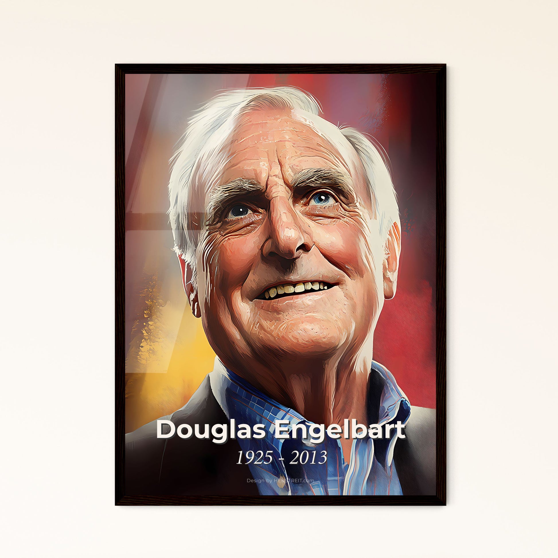 Portrait of Douglas Engelbart, 1925 - 2013. Impressionistic painting of a man looking up with blue eyes.