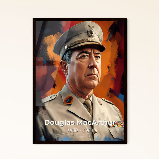 Portrait of Douglas MacArthur, 1880 - 1964. Impressionistic painting of a man in a military uniform.