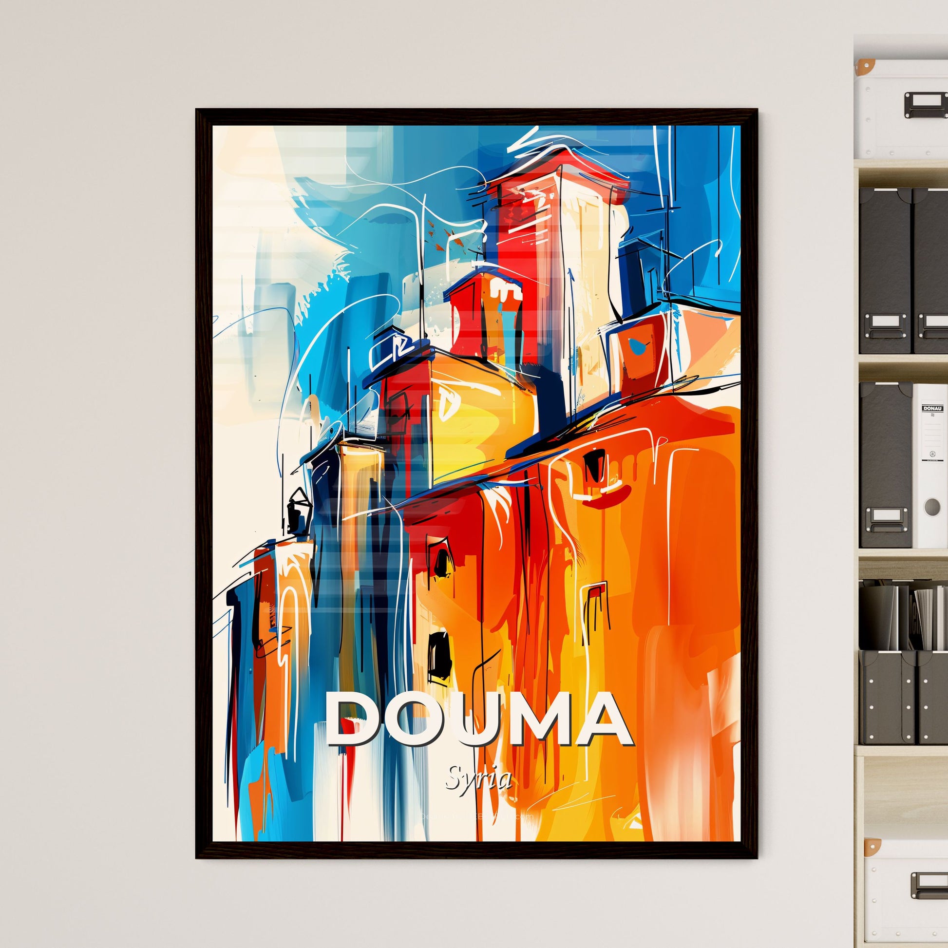 Vibrant Douma, Syria - A Painting Of Buildings With Blue And Orange Colors