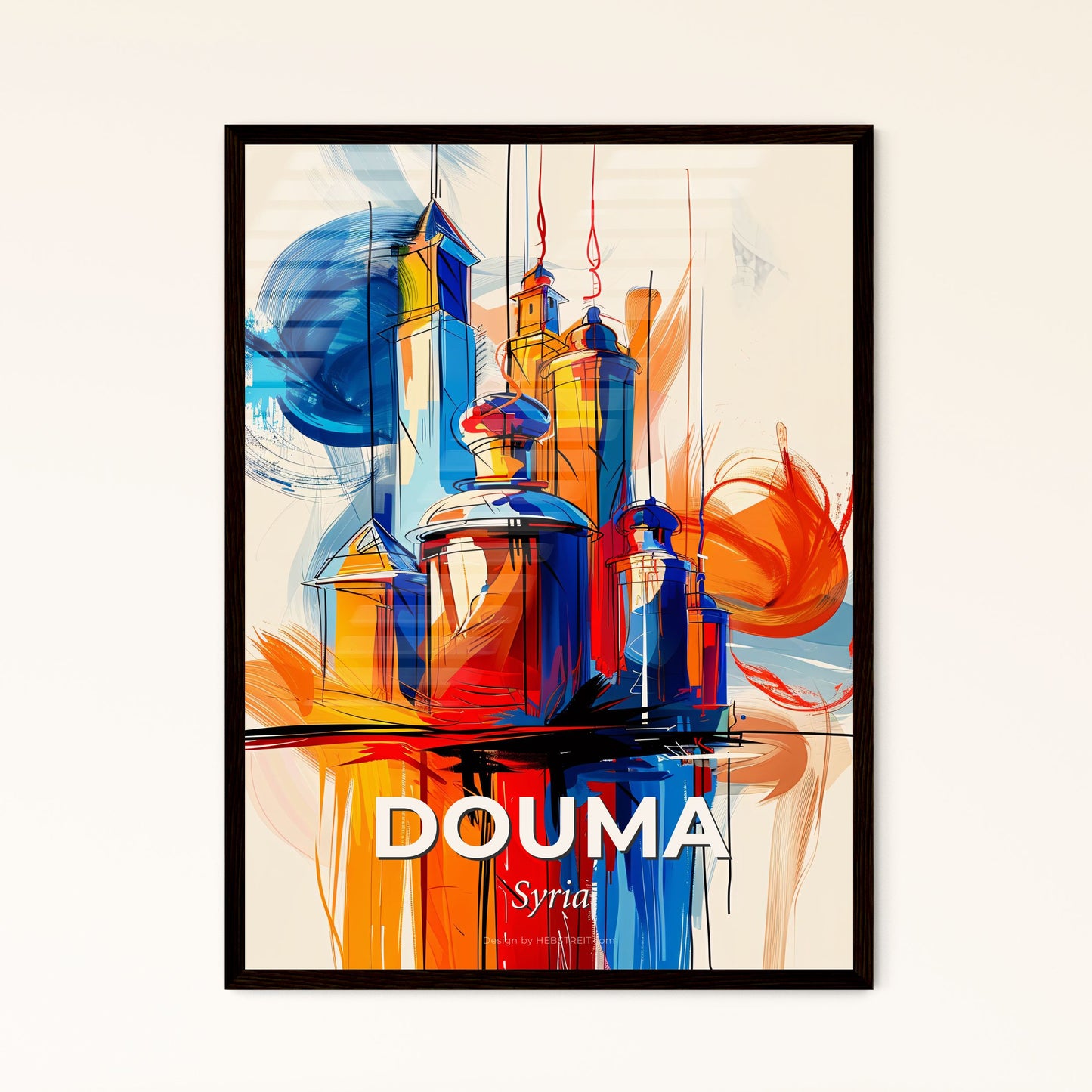 Vibrant Douma, Syria - A Colorful Cityscape With Towers And A Paint Splash