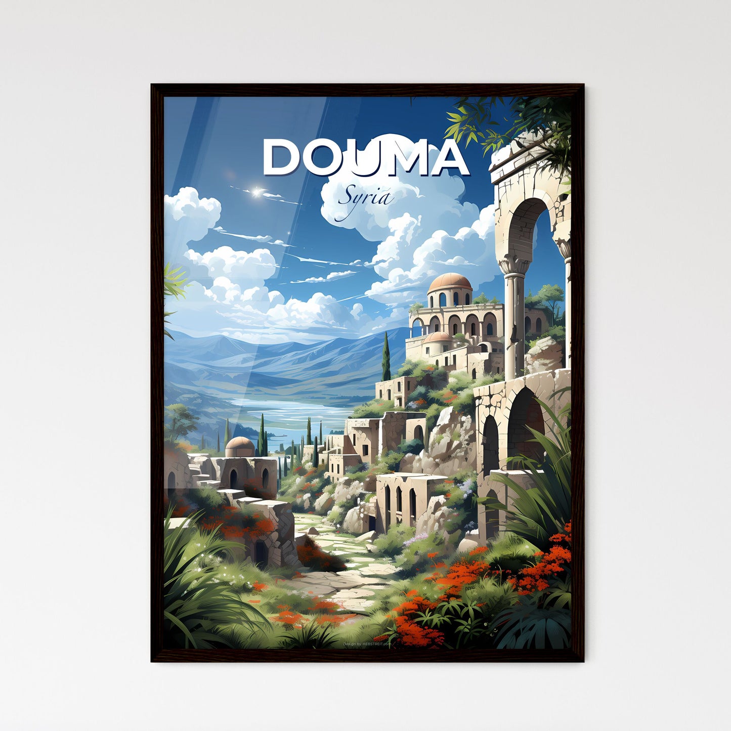 Vibrant Art of Douma Syria Skyline Stone Building Trees Landscape Painting Default Title