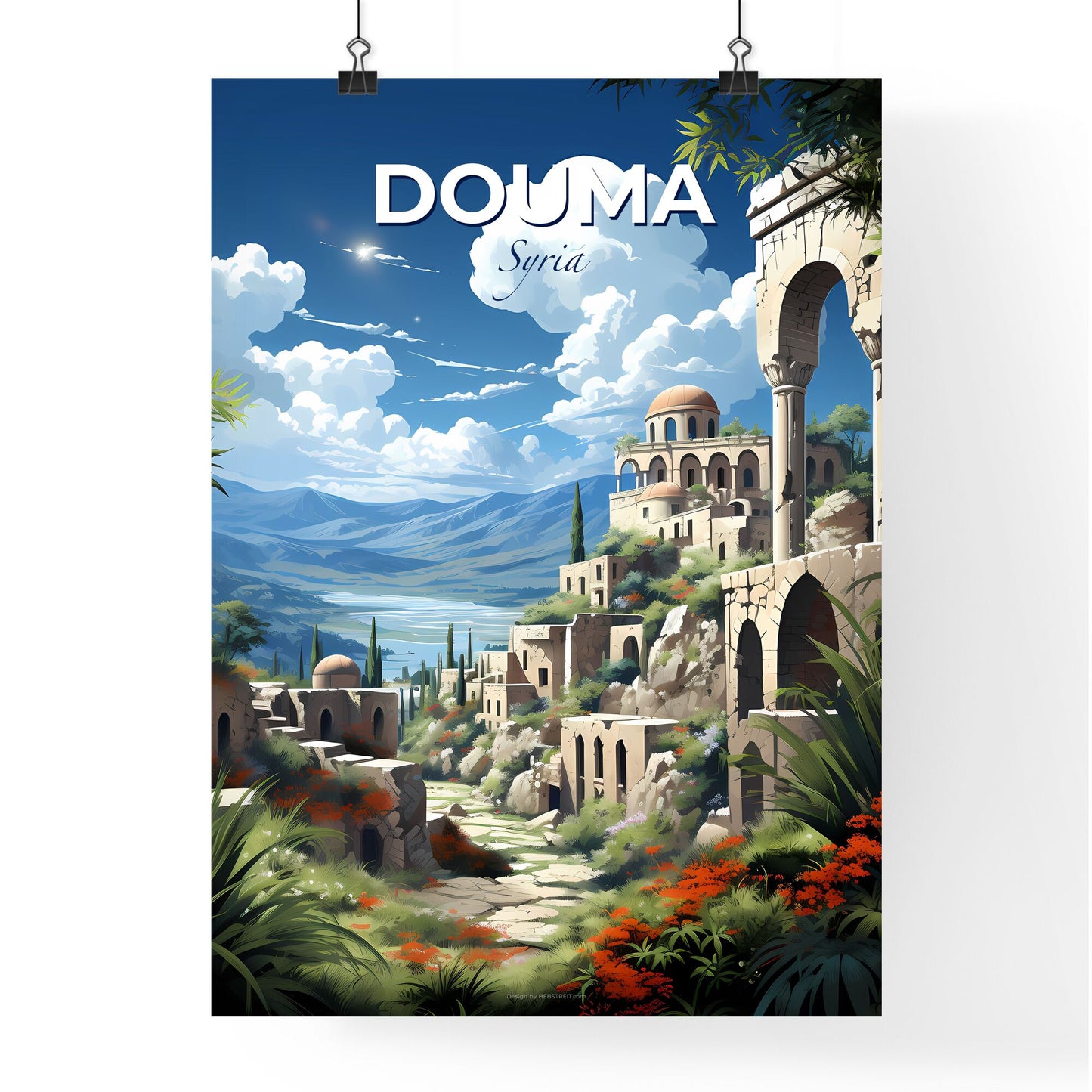 Vibrant Art of Douma Syria Skyline Stone Building Trees Landscape Painting Default Title