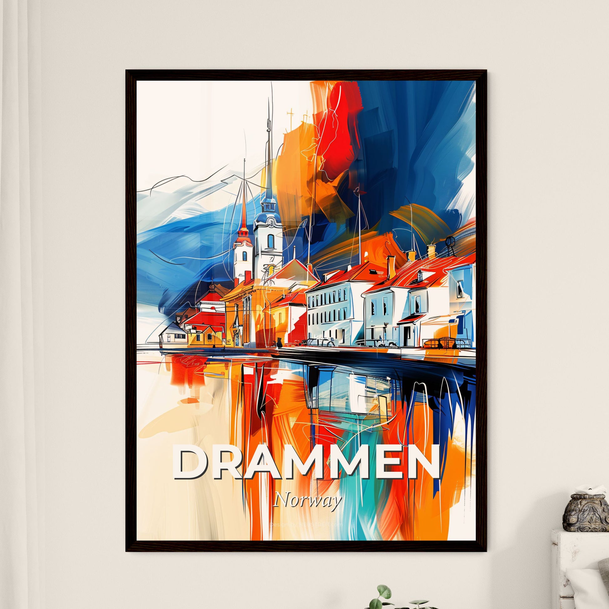 Vibrant Drammen, Norway - A Painting Of A Town With A Church And A Body Of Water