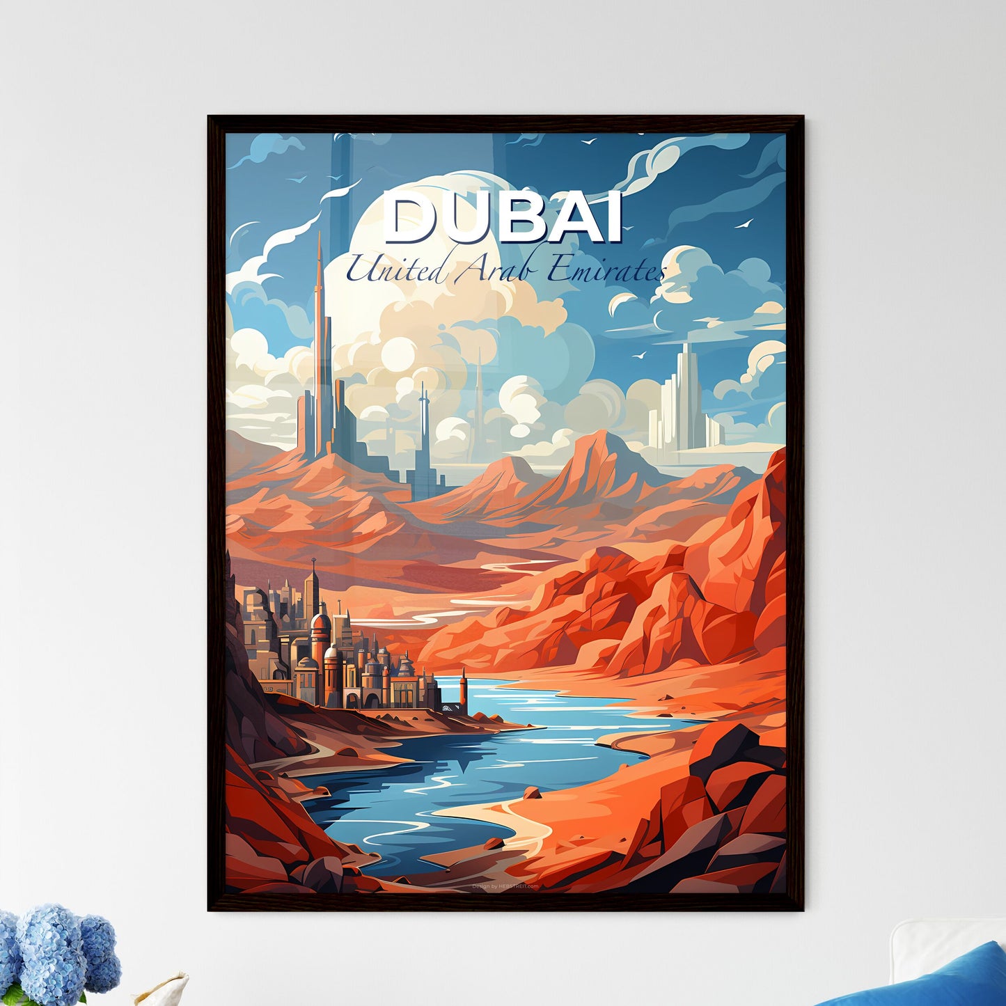 Dubai City Skyline Painting with River Valley and Vibrant Hues Default Title