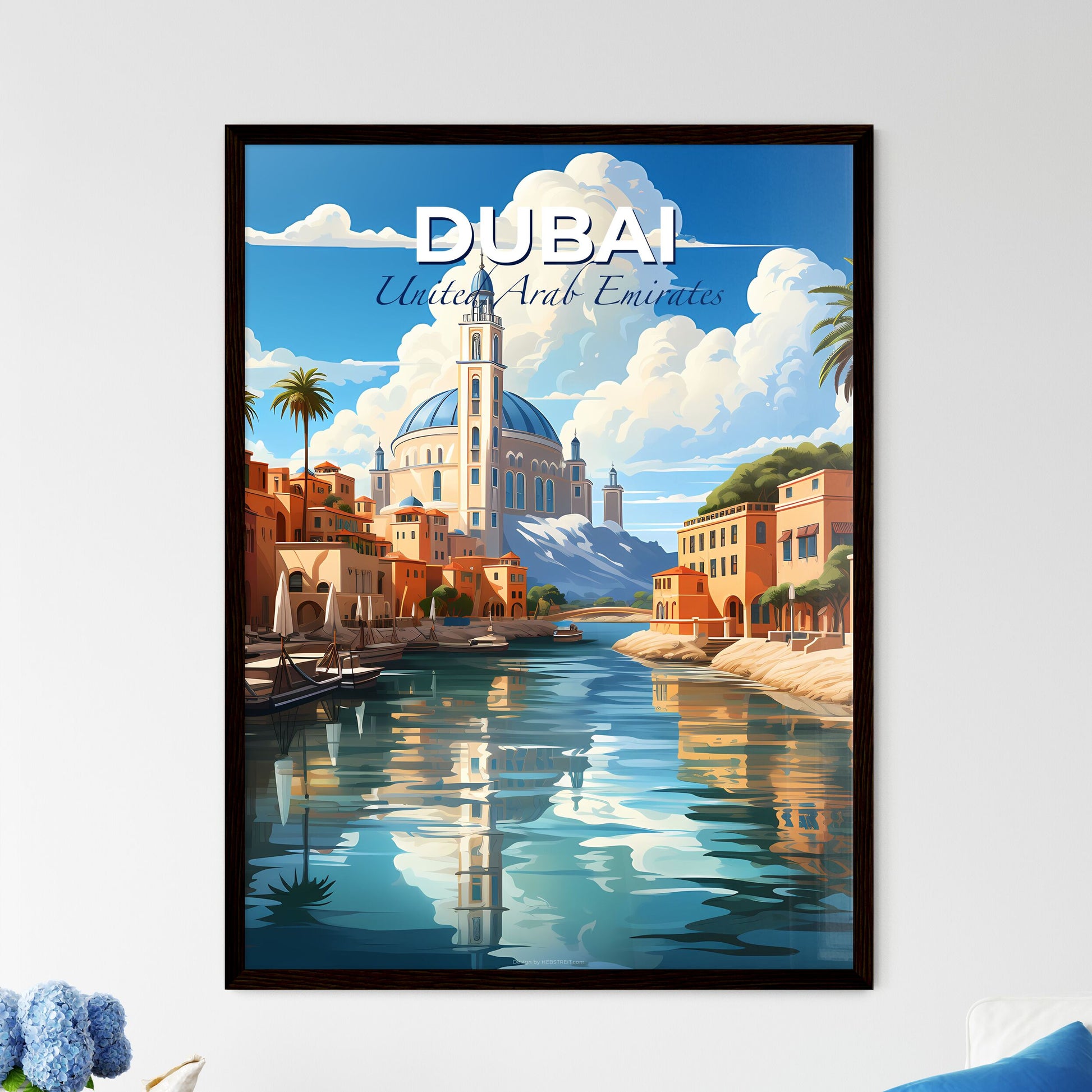 Panoramic Cityscape Painting: Dubai Skyline with Waterway, Grand Canal, and Palm Trees Default Title