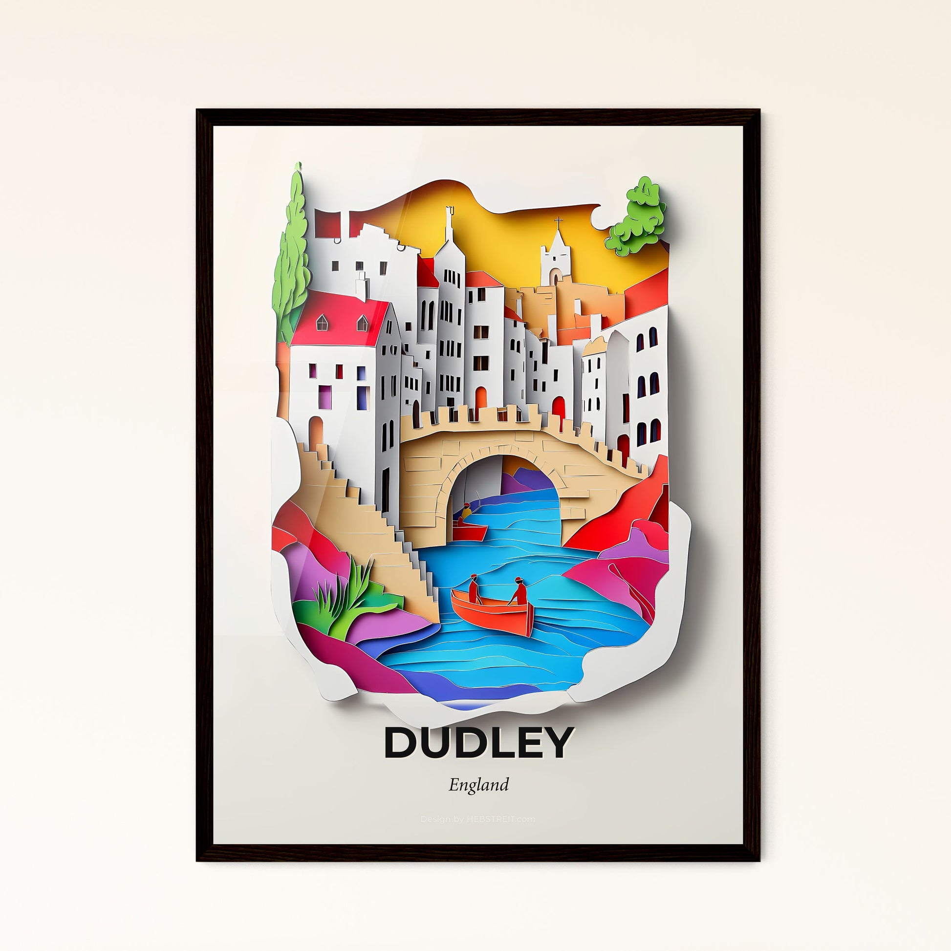 Vivid Dudley, England - a paper cut of a city with a bridge