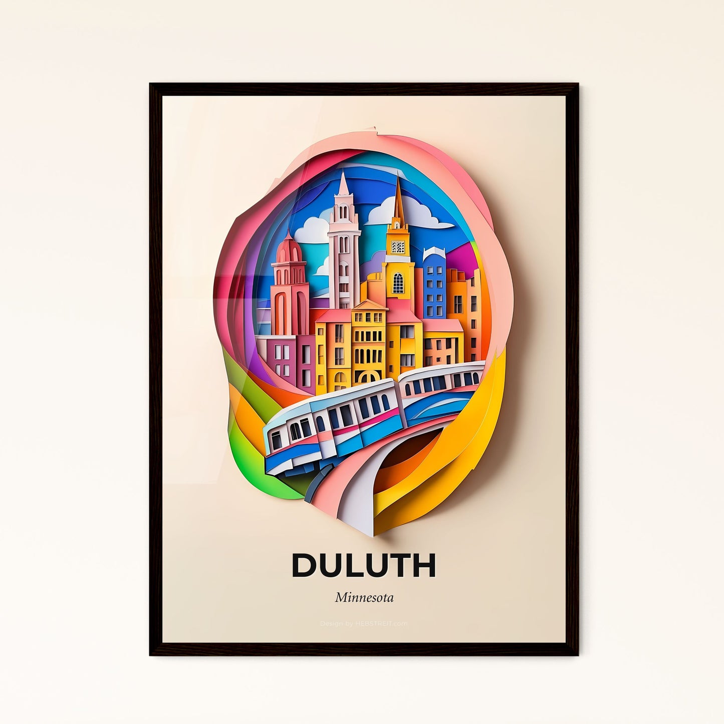 Vivid Duluth, Minnesota - a paper cut of a train going through a city