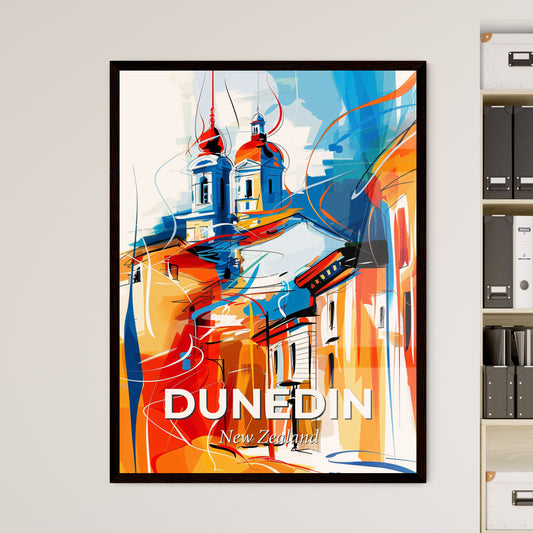 Vibrant Dunedin, New Zealand - A Painting Of Buildings With Towers And A Street Light