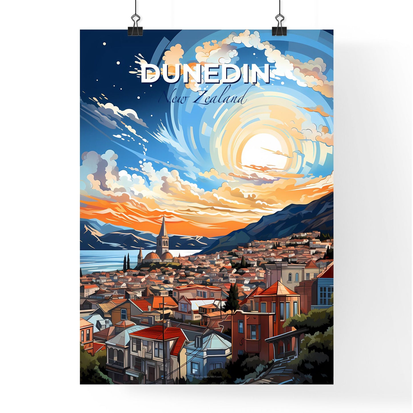 Dunedin New Zealand Skyline Painting Art City Mountains Body of Water Default Title