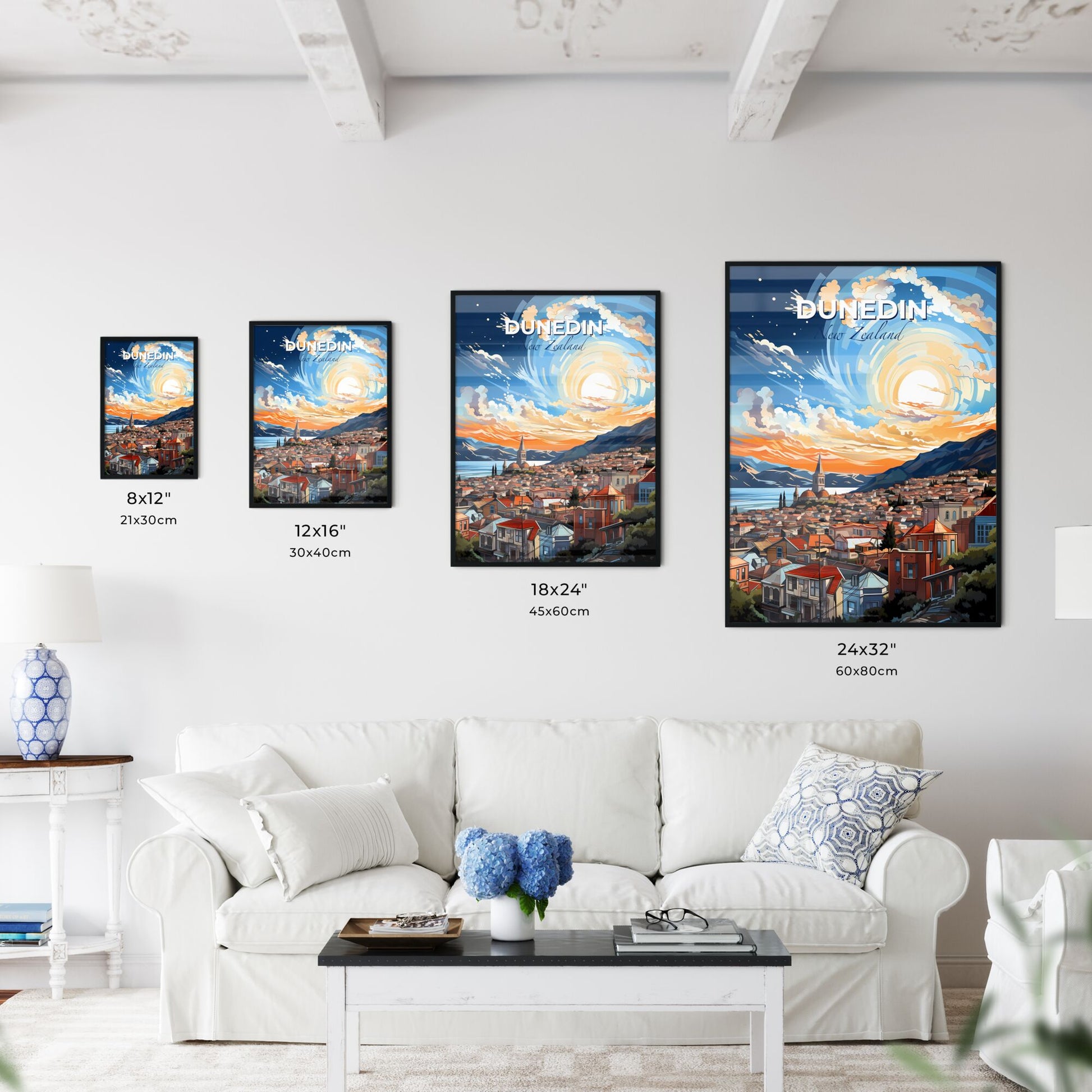 Dunedin New Zealand Skyline Painting Art City Mountains Body of Water Default Title