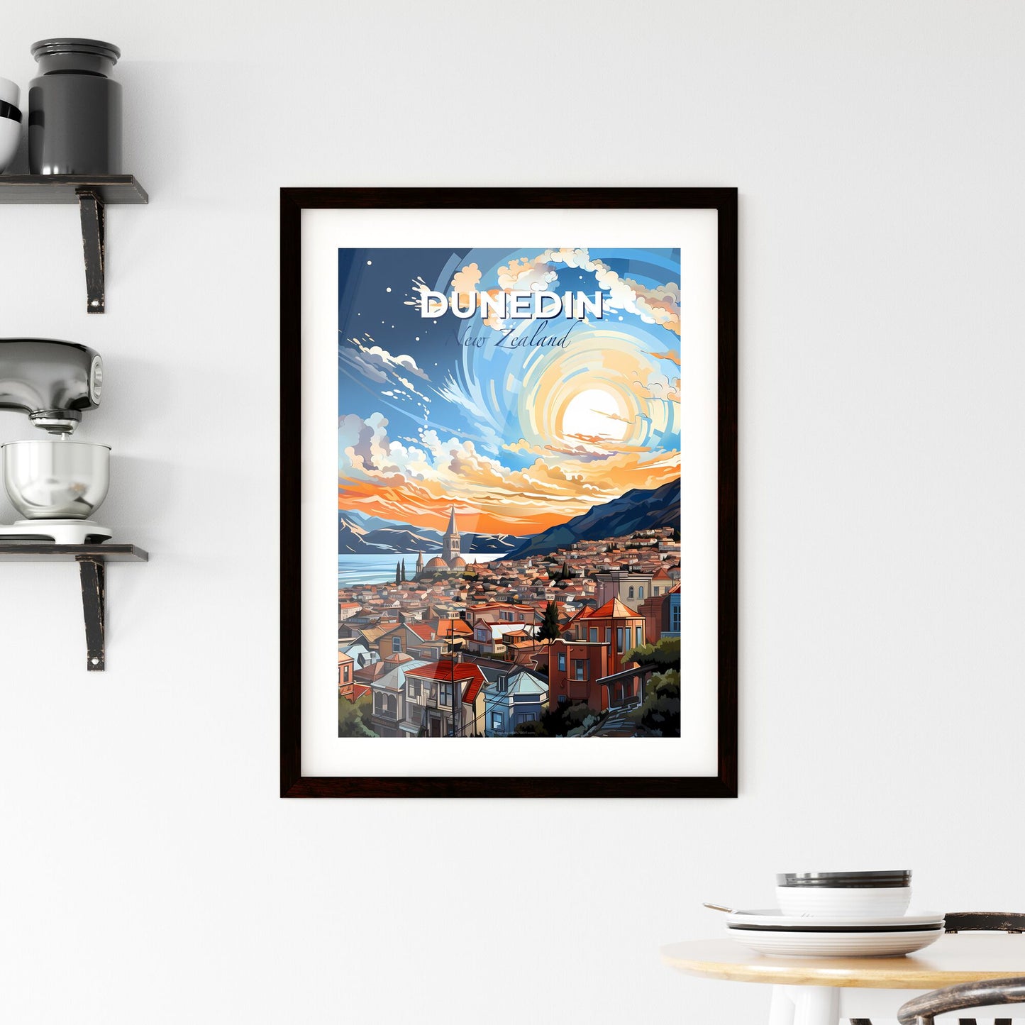 Dunedin New Zealand Skyline Painting Art City Mountains Body of Water Default Title