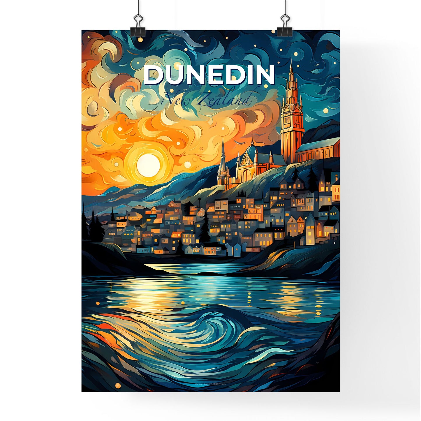 Vibrant Art Painting Dunedin Skyline City Church River New Zealand Default Title