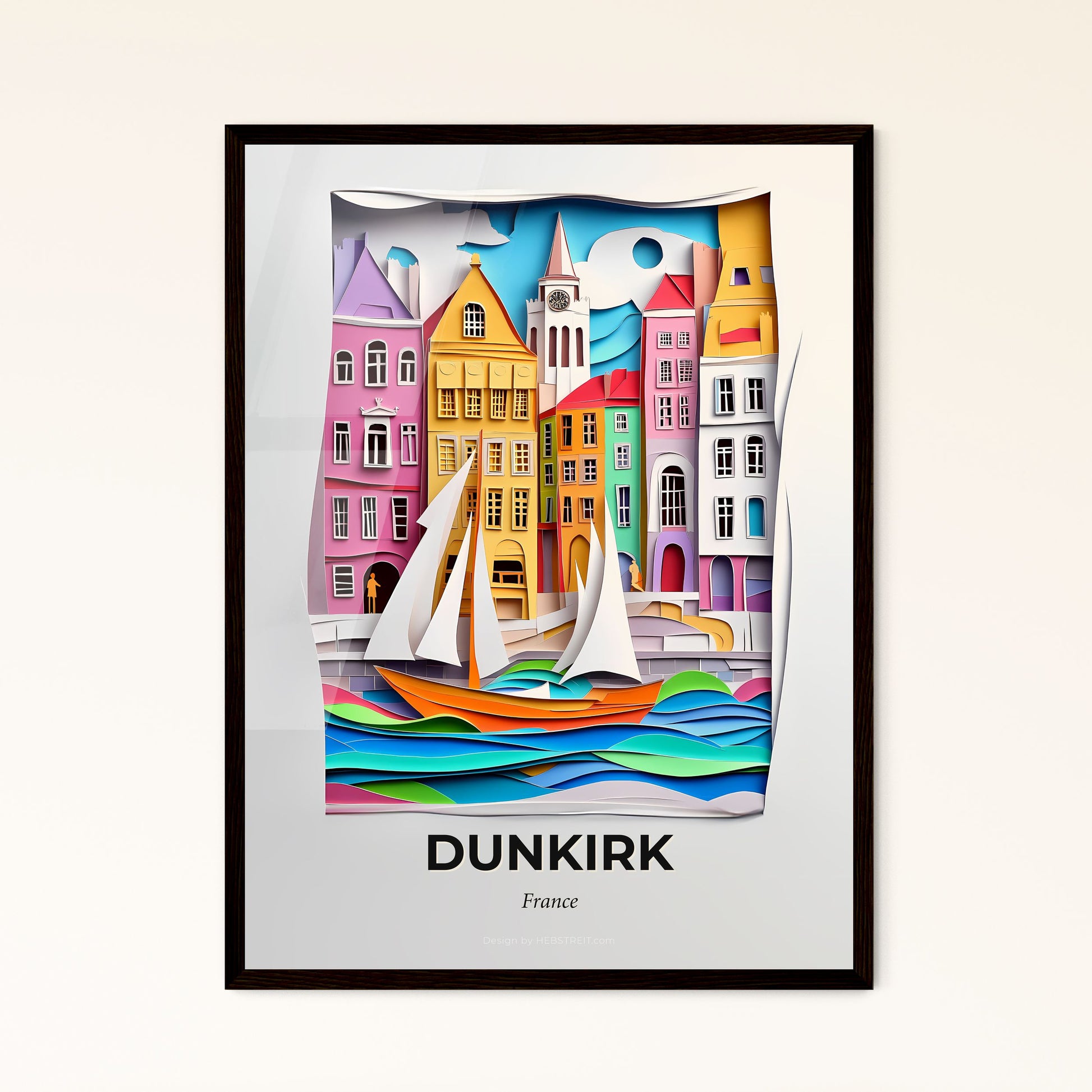 Vivid Dunkirk, France - a paper cut of a city with a sailboat