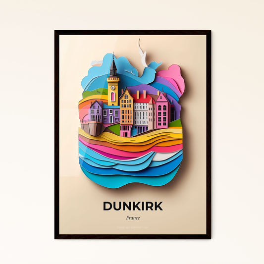 Vivid Dunkirk, France - a paper cut of a city with a bird flying over it