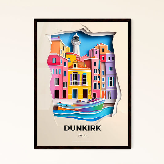 Vivid Dunkirk, France - a paper cut of a colorful city with a lighthouse